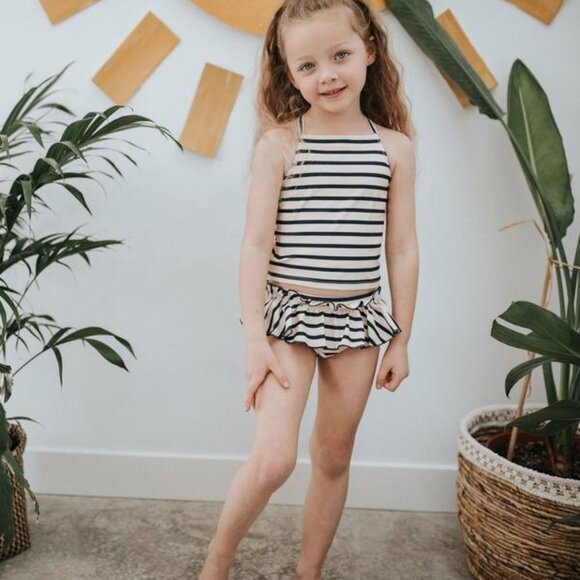 New Little & Lively baby's upf50+ swim top and ruffle bottoms bikini navy stripe - Picture 1 of 3